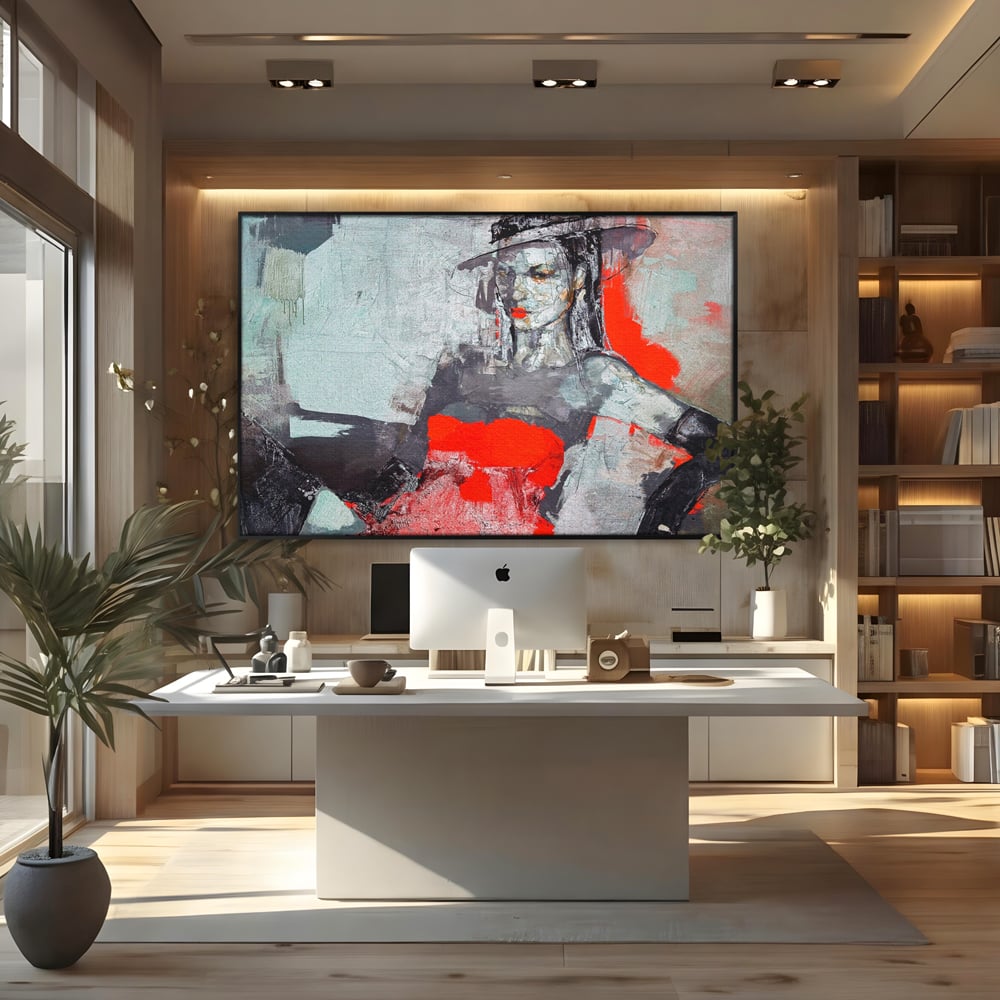 Tablou canvas cu tablou canvas cu portretul unei femei in rosu si negru, in rama de aluminiu negru, pe perete intr-un birou